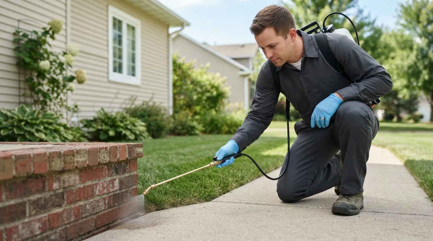 Pest control technician treating a home
